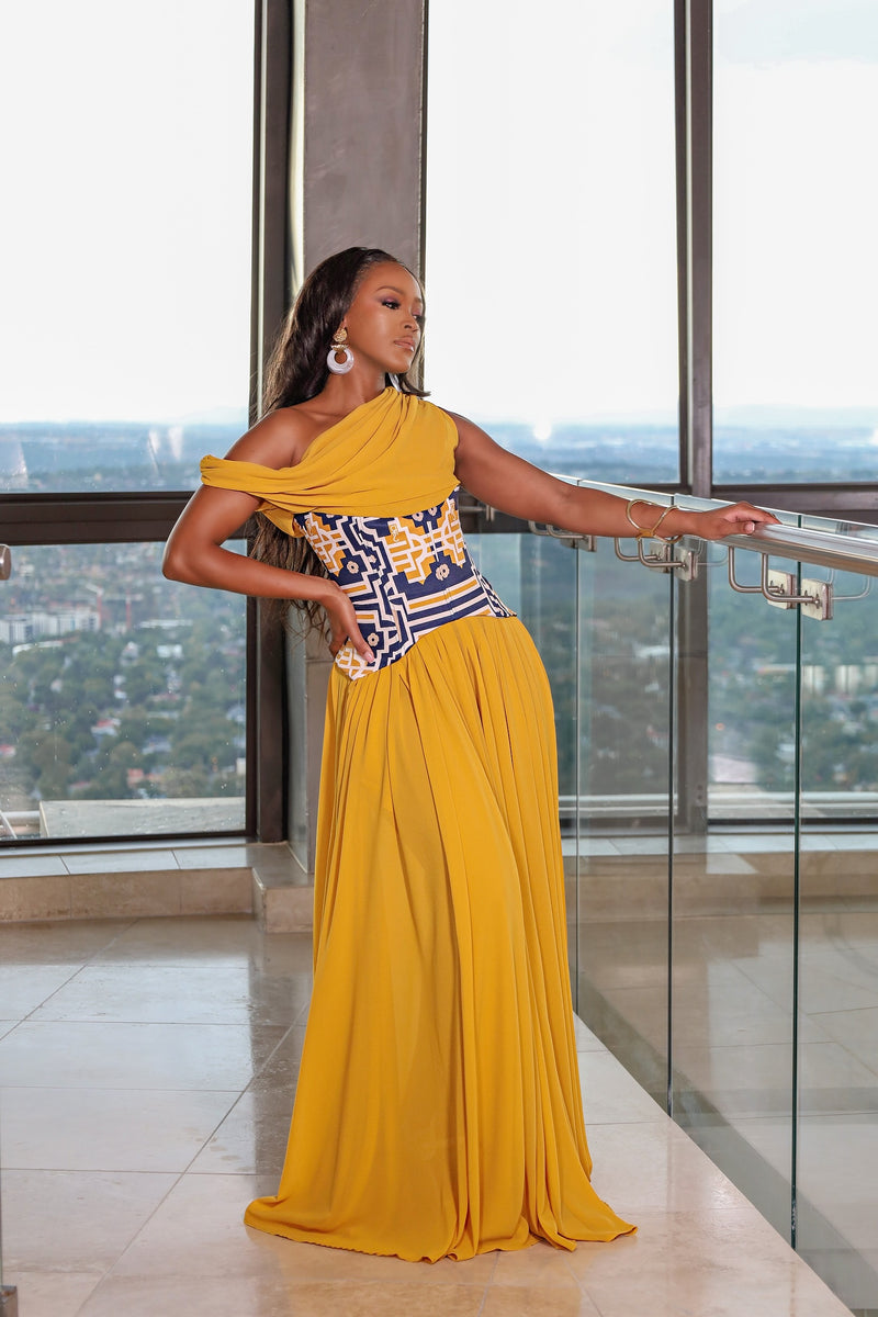 Fabrosanz: Tshwane Union Print Mustard Draped Gown (Pre-order) houseoffabrosanz Fabrosanz: Tshwane Union Print Mustard Draped Gown (Pre-order) houseoffabrosanz
