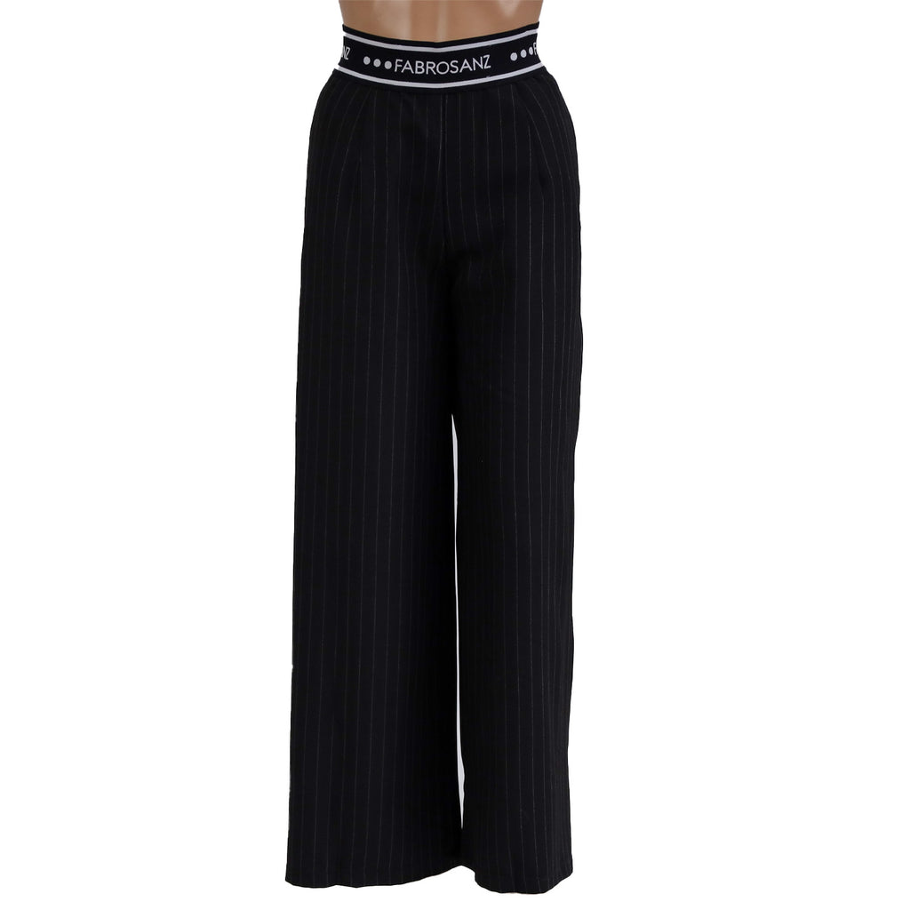 black wide leg pants South Africa, women's pinstripe trousers, high-waisted pants with logo waistband, FabroSanz office trousers, elevated basics for workwear, bold black power pants, luxury African fashion brands