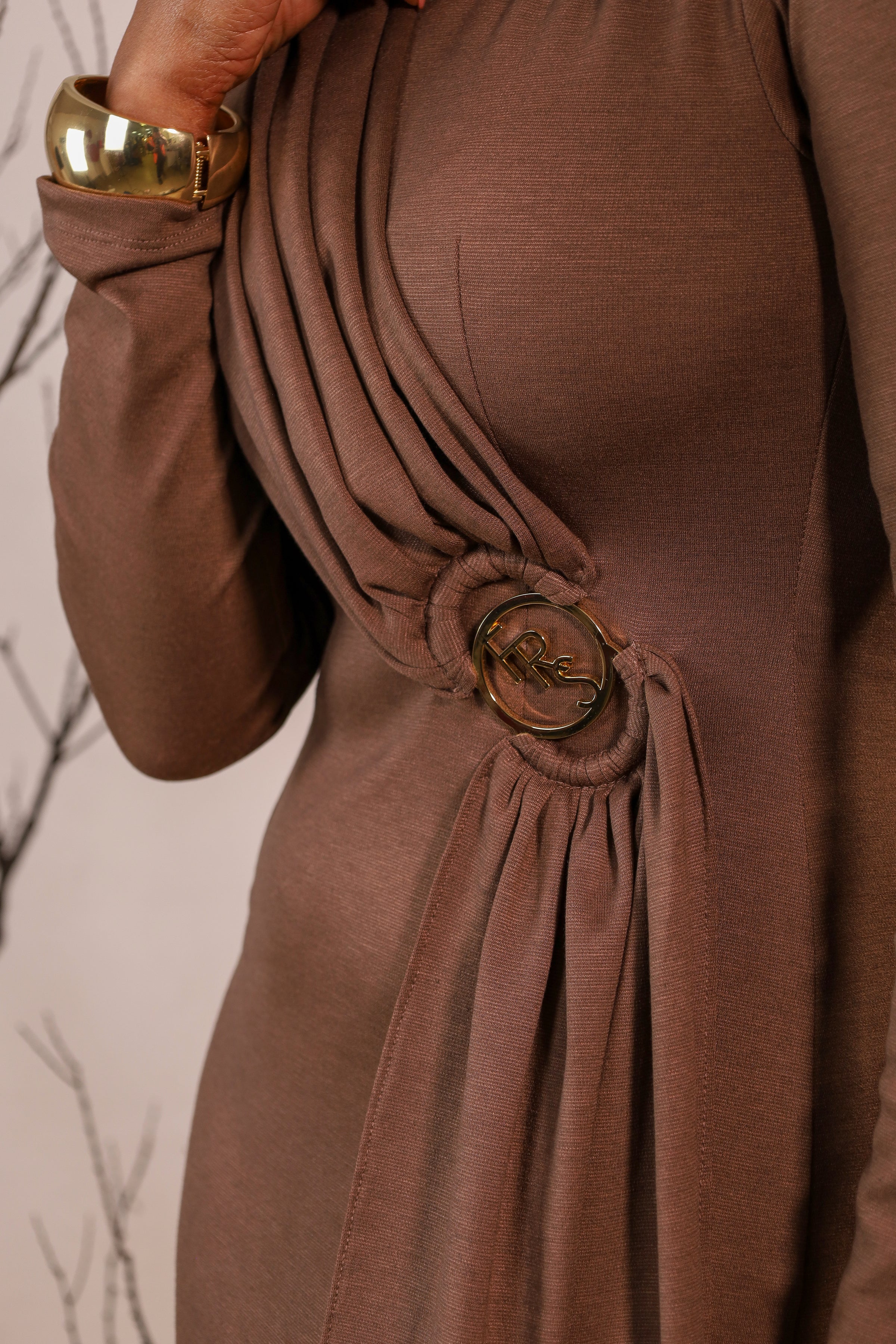 Fabrosanz: Brown Draped Big Buckle Dress houseoffabrosanz Fabrosanz: Brown Draped Big Buckle Dress houseoffabrosanz