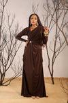 brown velvet formal dress, mocha evening gown South Africa, FabroSanz luxury fashion, winter formal dresses, African designer velvet dress, elegant brown long dress, ruched velvet gown, women’s formalwear South Africa, FabroSanz evening gown