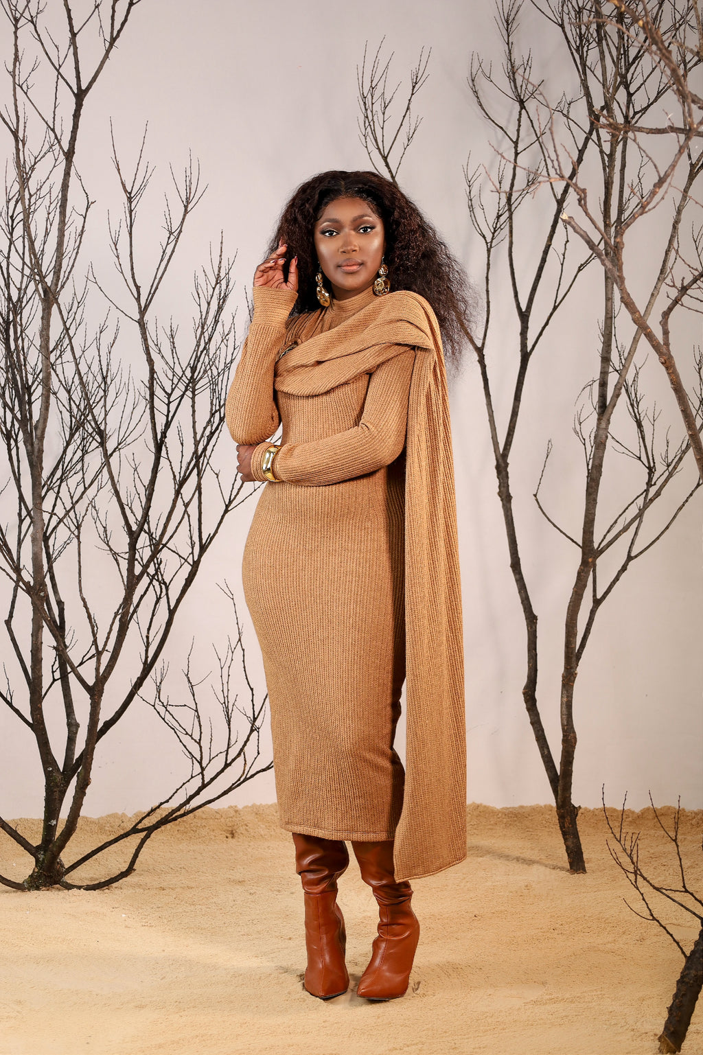 beige knit midi dress, ribbed bodycon dress South Africa, FabroSanz knit essentials, sleeveless knit dress for women, neutral tone fashion, minimalist fashion South Africa, stretch knitwear for curves, women’s fitted knit midi dress, elevated basics for women, luxury African fashion