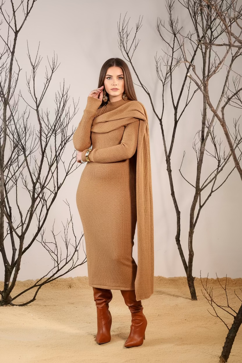 Fabrosanz: Beige Knit Fabric Dress houseoffabrosanz Fabrosanz: Beige Knit Fabric Dress houseoffabrosanz