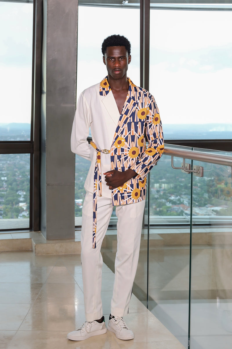 men’s Afro luxe, modern heritage fashion, FabroSanz menswear, cultural fashion, bespoke blazer set, runway-ready style 