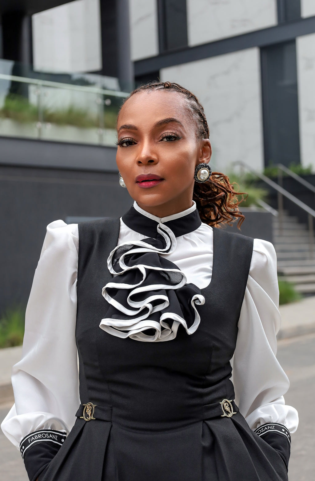 women’s workwear blouse, monochrome ruffle blouse, stylish office tops, FabroSanz clothing, fashion for working women, designer blouses South Africa, luxury women’s tops, satin blouse for women