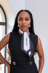  satin logo neck scarf, black and white fashion scarf, FabroSanz branded accessories, minimalist silk scarf, women’s formal tie scarf, monochrome fashion accessory, office-ready scarf South Africa, luxury fashion neckwear