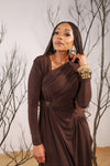 brown velvet formal dress, mocha evening gown South Africa, FabroSanz luxury fashion, winter formal dresses, African designer velvet dress, elegant brown long dress, ruched velvet gown, women’s formalwear South Africa, FabroSanz evening gown