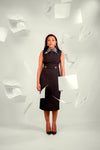 black office midi dress, sleeveless fitted dress for women, FabroSanz formal wear, gold buckle waist dress, elegant business dress South Africa, timeless power dress, classic women’s workwear, black sheath dress