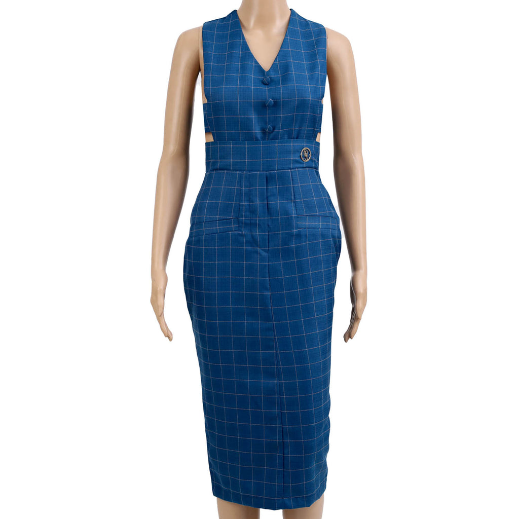blue checkered dress for women, sleeveless business dress, cut-out office dress, FabroSanz tailored dress, modern formalwear South Africa, stylish corporate outfit, pencil dress with waist detail, fashion-forward workwear