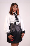 women’s workwear blouse, monochrome ruffle blouse, stylish office tops, FabroSanz clothing, fashion for working women, designer blouses South Africa, luxury women’s tops, satin blouse for women